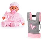 Bayer â€“ Nuken kantoreppu Harmaa & Vaaleanpunainen + Nukke First Words Baby Soft Pink 38 cm