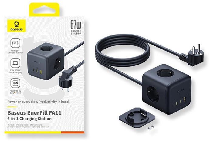 Baseus EnerFill FA11 67W Power Strip USB-A + USB-C Cube + 3 x EU Socket 1.5m - Black