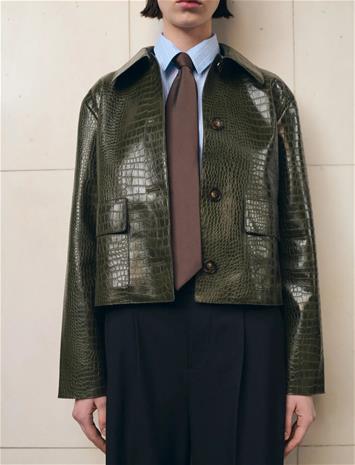 Mango Croc-Effect Faux Leather Jacket - Khaki green - XL