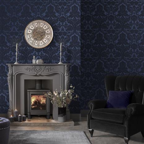 Gothic Damask Flock Cobalt - 104563 Tapetti
