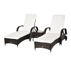 Outsunny aurinkotuoli puutarha lepotuoli pöytä 3 puutarha huonekalut, polyrattan+metalli ruskea+cream valkoinen