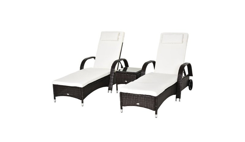 Outsunny aurinkotuoli puutarha lepotuoli pöytä 3 puutarha huonekalut, polyrattan+metalli ruskea+cream valkoinen