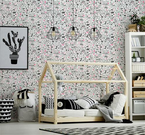 Doodle White Neon Pink - 13340 Tapetti