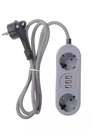 Airam 2-os. 3xUSB 1,5m harmaa jatkojohto