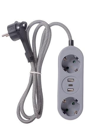 Airam 2-os. 3xUSB 1,5m harmaa jatkojohto