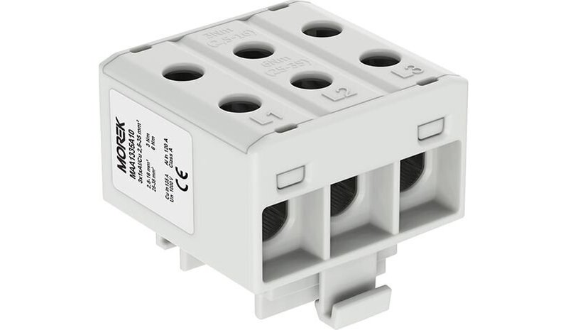 Liitin johtimille 2,5-35mm2 harmaa 6 reikää 3p