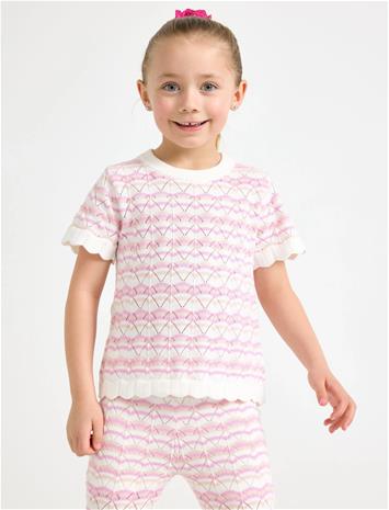 Lindex Pattern-Knit Top With Short Sleeve - Cream - 140