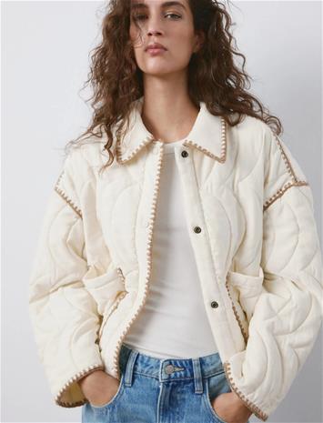 Mango Contrast Piping Quilted Jacket - Cream - XL