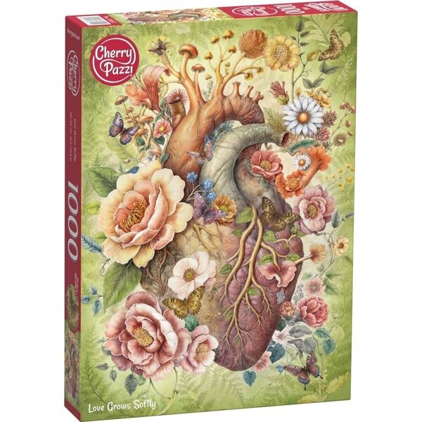 Palapeli „CherryPazzi Love Grows Softly“ – 1000 palan kukkaisen anatomisen sydämen motiivi