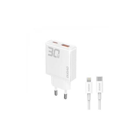 Dudao GaN A30EUL 30W USB-A / USB-C Wall Charger + USB-C - Lightning Cable - White