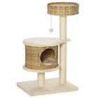 PawHut Raapimispuu Kissalle, Rottinkiluola & Sisal-pylväät, Beige/Luonnonväri, 95cm