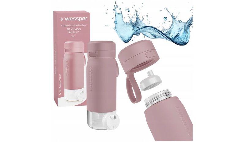 Wessper set lasipullo 0.5L vaaleanpunainen + pullon suodatinpatruuna.