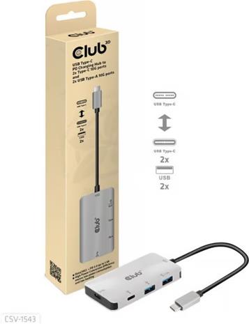 Club 3D USB Gen2 Type-C PD Lataus 1.5A -hubi, Harmaa