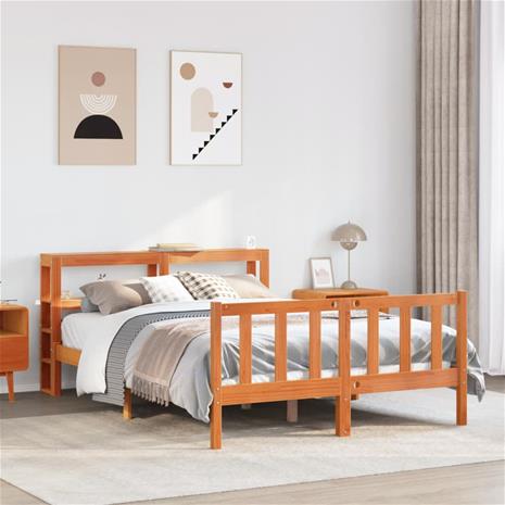 vidaXL Sängynrunko päädyllä vahanruskea 135x190 cm täysi mänty