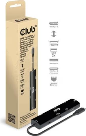 Club 3D USB4 Gen3x2 USB-C 6-in-1 -hubi, Musta