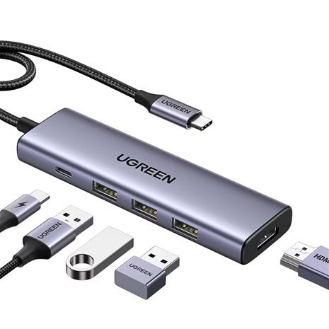 Adapteri Ugreen CM511 USB-C to HDMI 1.4 + 3xUSB-A + USB-C PD100W harmaa