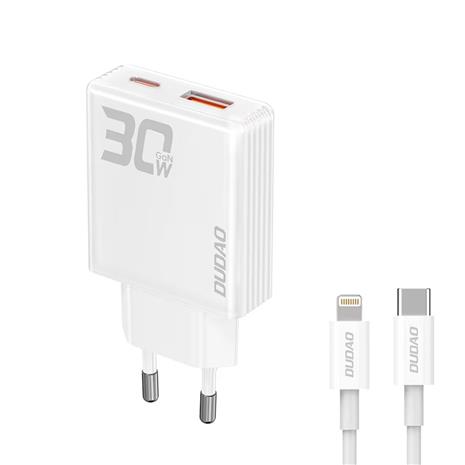 Dudao GaN A30EUL 30W USB-A / USB-C Wall Charger + USB-C - Lightning Cable - White