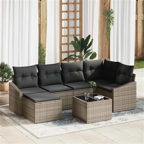 vidaXL Sohvasetti tyynyllä 7 pcs Harmaa polyrottinki – kuva 3/4