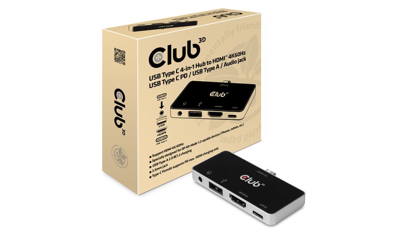 CLUB3D USB Type C 4-in-1 Hub to HDMI™ 4K60Hz USB Type C PD / USB Type A / Audio jack