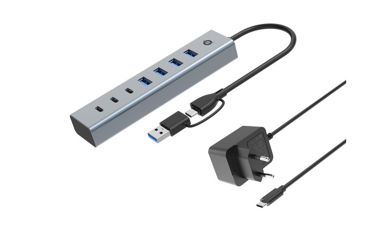 Conceptronic HUBBIES20GP 7-Port USB 3.0 Hub with Power Adapter, 5Gbps, USB-C x 3, USB-A x 4
