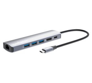 Manhattan USB-C Dock/Hub, Ports (x6): Ethernet, HDMI, USB-A (x3) and USB-C, with Power Delivery (PD) 100W- requires external USB-C charger (not included). USB powered (no external power supply required) when PD is not in use