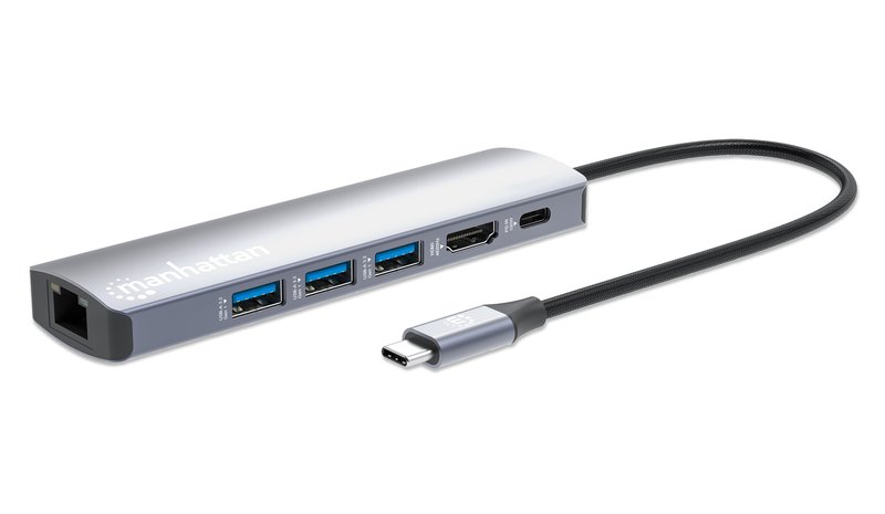 Manhattan USB-C Dock/Hub, Ports (x6): Ethernet, HDMI, USB-A (x3) and USB-C, with Power Delivery (PD) 100W- requires external USB-C charger (not included). USB powered (no external power supply required) when PD is not in use