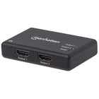 Manhattan HDMI Splitter 2-Port , 4K@30Hz, Displays output from x1 HDMI source to x2 HD displays (same output to both displays), AC Powered (cable 0.9m), Black, Three Year Warranty