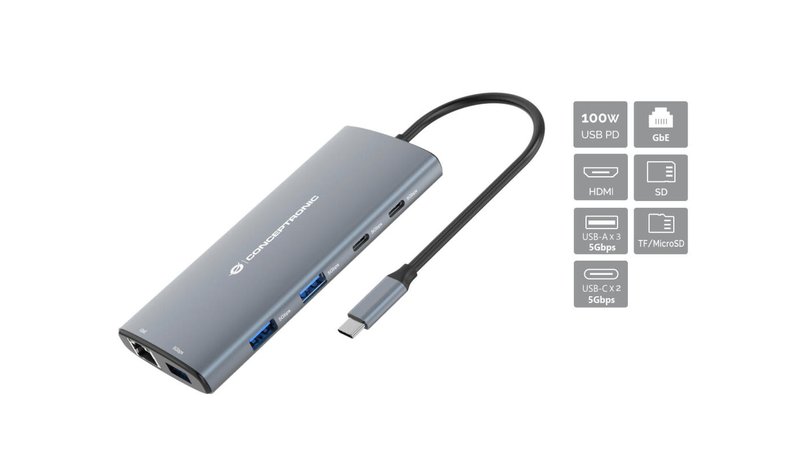 Conceptronic DONN06G 10-in-1 USB 3.2 Gen 1 Docking Station, HDMI, 100W USB PD, USB-C 5Gbps x 2, USB-A 5Gbps x 3, SD, TF/MicroSD, GbE