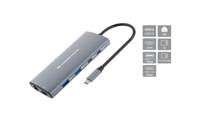 Conceptronic DONN06G 10-in-1 USB 3.2 Gen 1 Docking Station, HDMI, 100W USB PD, USB-C 5Gbps x 2, USB-A 5Gbps x 3, SD, TF/MicroSD, GbE