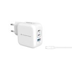 Conceptronic 3-Port 67W GaN USB PD Charger with USB-C Charging Cable, USB-C x 2, USB-A x 1, QC 3.0, PPS
