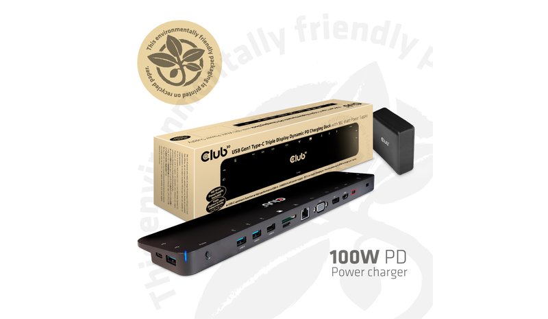 CLUB3D USB Type C 3.2 Gen1 Triple Display Dynamic PD Charging Dock 100W PD Power charger