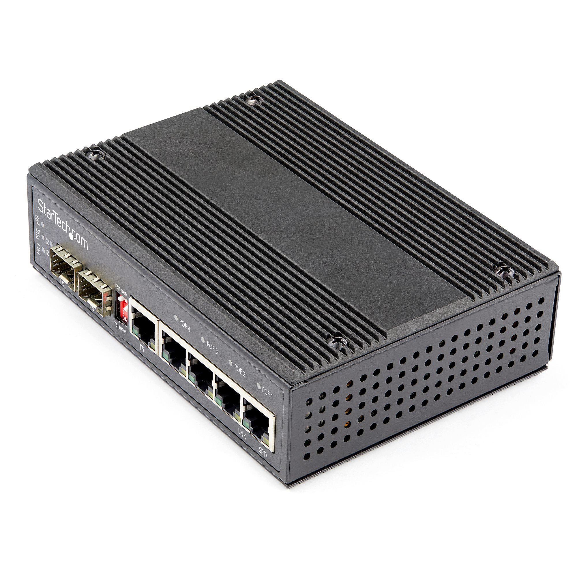 StarTech.com Industrial 5 Port Gigabit Ethernet Switch - 4 PoE RJ45 +2 SFP Slots 30W PoE+ 12-48VDC 10/100/1000 Rugged Power Over Ethernet LAN Switch -40C to 75C - DIN Mountable - switch - 6 ports