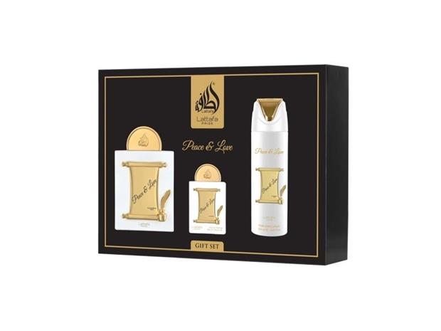 Lattafa Pride Peace & Love lahjapakkaus, EdP 100 ml + EdP 20 ml + deodorant spray 200 ml