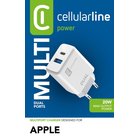 Cellularline Dual Charger - iPhone 8 or later Mains charger with 2 USB and USB-C ports for simultaneously charging two Apple devices