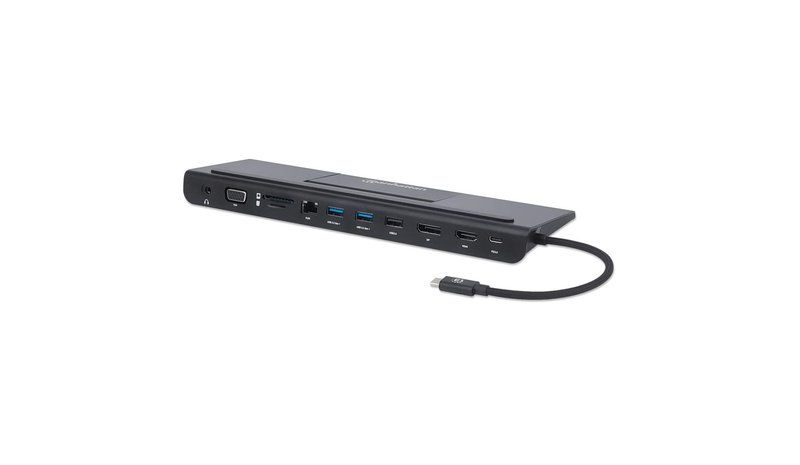 Manhattan USB-C Dock/Hub with Card Reader and MST, Ports (x9): Audio 3.5mm, DisplayPort, Ethernet, HDMI, USB-A (x3), USB-C and VGA, With Power Delivery (100W) to USB-C Port (Note add USB-C wall charger and USB-C cable needed),All Ports can be used at the – kuva 1/3