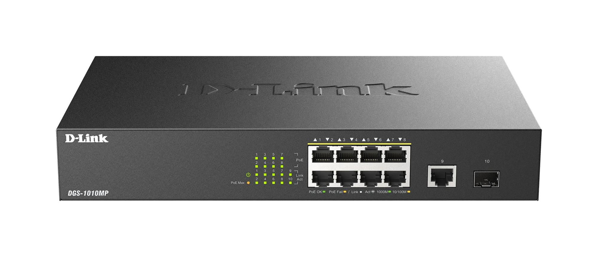 D-Link DGS-1010MP/E - 10-porttinen hallitsematon Gigabitin Power over Ethernet -kytkin, Musta