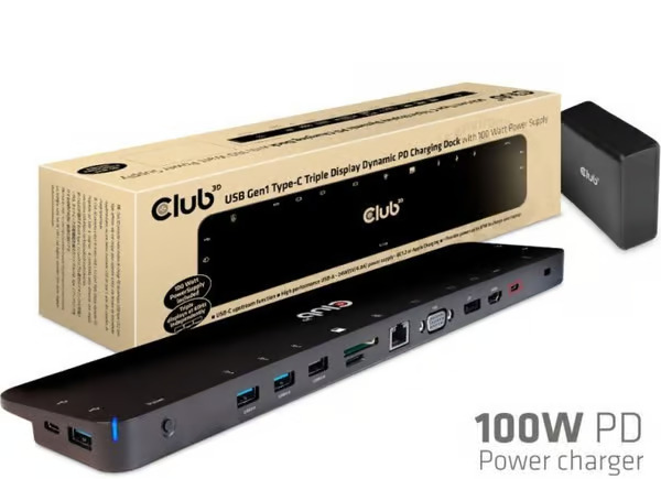 CLUB3D USB Type C 3.2 Gen1 Triple Display Dynamic PD Charging Dock 100W PD Power charger