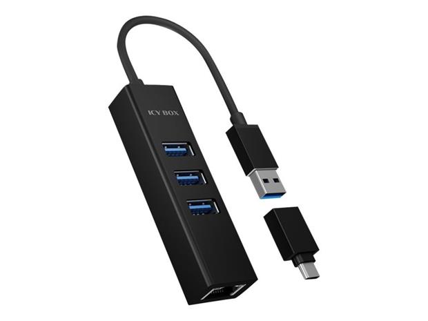 ICY BOX USB 3.0 HUB & Gigabit LAN Adapter, Type-A / Type-C