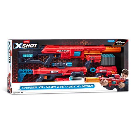X-Shot Excel Combo 4-pack - Range X8 & Hawk Eye & Fury 4 & Micro nuolipyssy lahjapakkaus