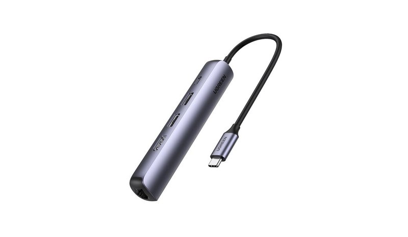 5-in-1-sovitin UGREEN CM418 USB-C - 2x USB 3.0, HDMI, RJ45, USB-C (harmaa)