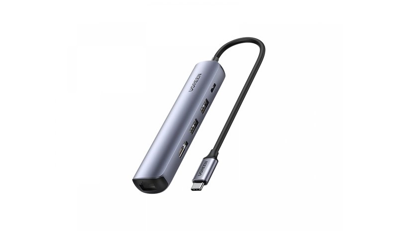 5-in-1-sovitin UGREEN CM418 USB-C - 2x USB 3.0, HDMI, RJ45, USB-C (harmaa)