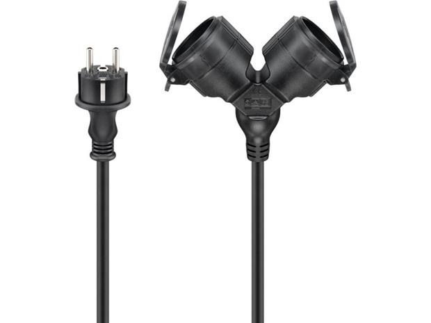 Pro Outdoor Double Extension Cable - Power (CEE 7/7) - Type E/F Plug - 5 m - Musta