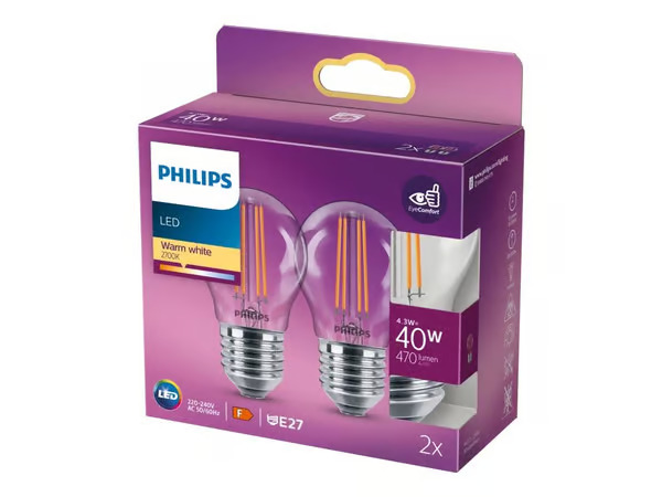 Philips LED-lamppu E27 P45 4,3W Filament 2700K 2x – kuva 2/2
