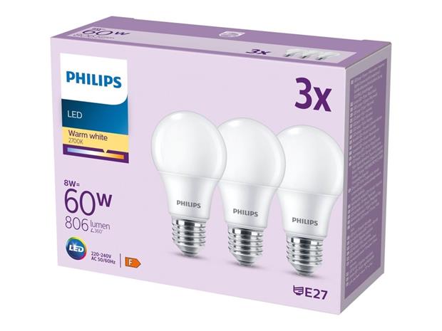 Philips LED-lamppu 8W/827 (60W) himmeä 3-pack. E27