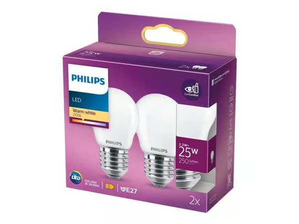 Philips 2-pack LED E27 P45 Klot 25W Fr