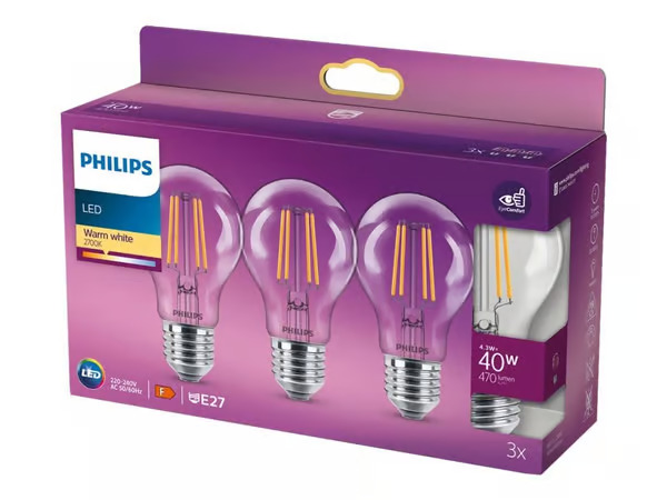 Philips LED-lamppu Classic E27 4,3W 2 700 K 3 kpl