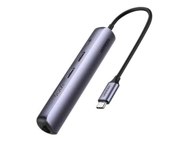 5-in-1-sovitin UGREEN CM418 USB-C - 2x USB 3.0, HDMI, RJ45, USB-C (harmaa)