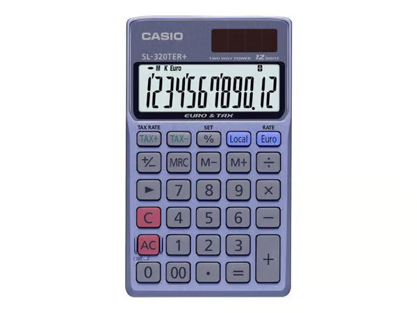 Casio SL-320TER+, Tasku, Perus, 12 lukua, 1 linjat, Akku/Aurinko, Sininen