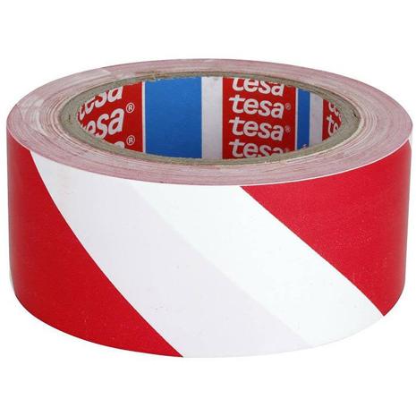Varoitusteippi Tesa 33 m x 50 mm Puna-valkoinen