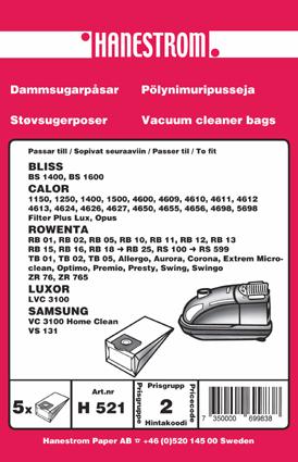 Hanestroem, pölypussit ROWENTA ZR 76 (H521)